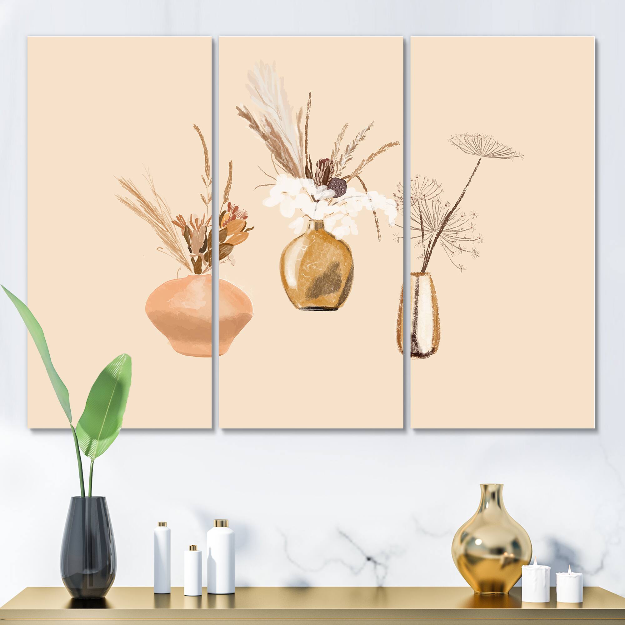 Designart - Bouquets Of Wildflowers In Gold Vases I